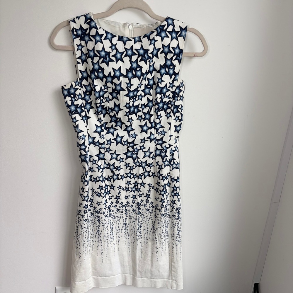 Lands' End Star Print‎ Sheath Dress 6 Americana Navy White Sleeveless Cotton Zip